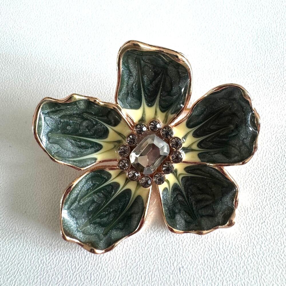 Vintage Swirled Green & Cream Enamel Rhinestone Flower Brooch Costume Jewelry